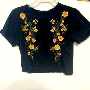 Black cropped shirt with stitched on flowers